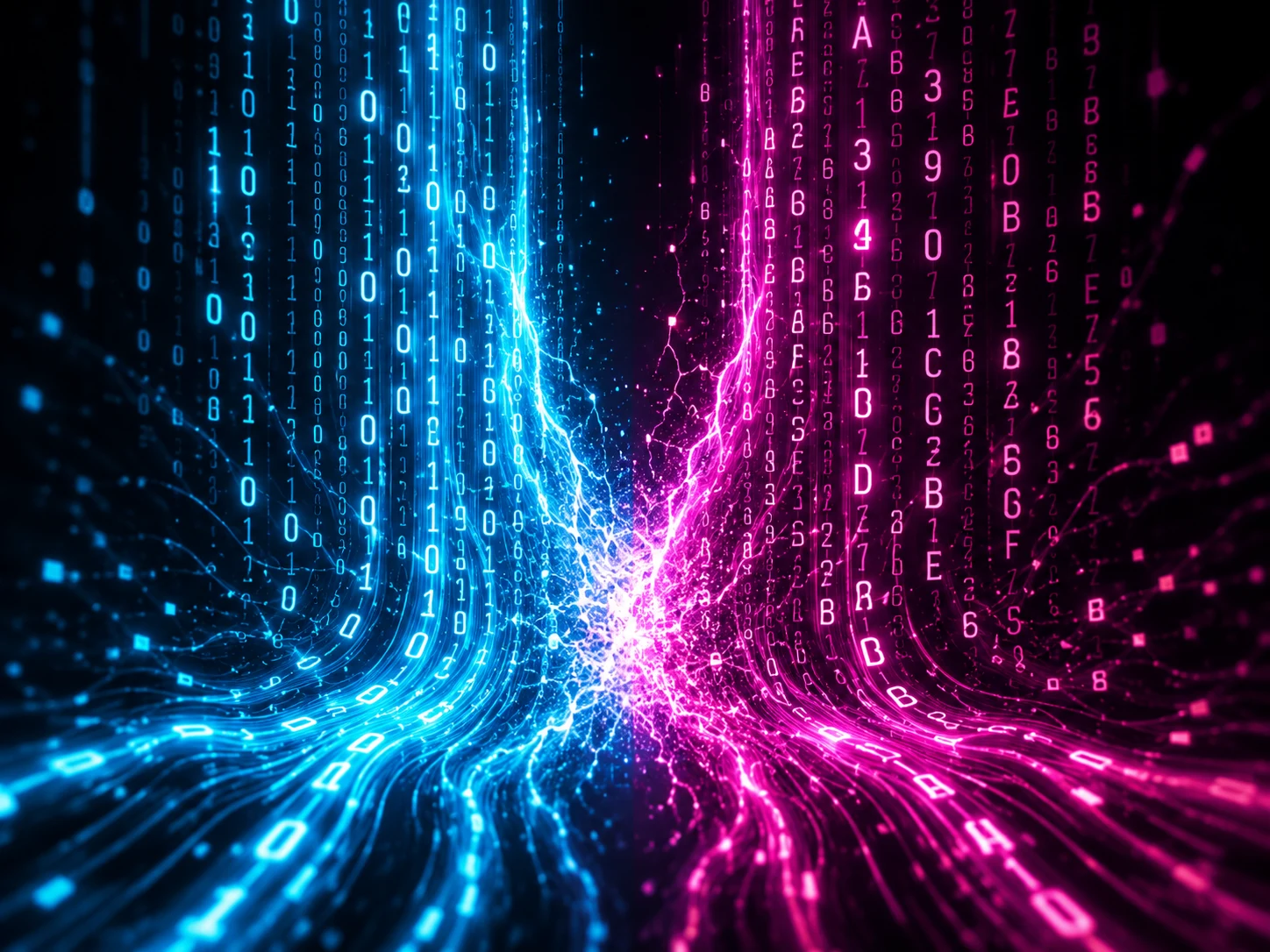 Abstract neon comparison of Base64 and hexadecimal data streams