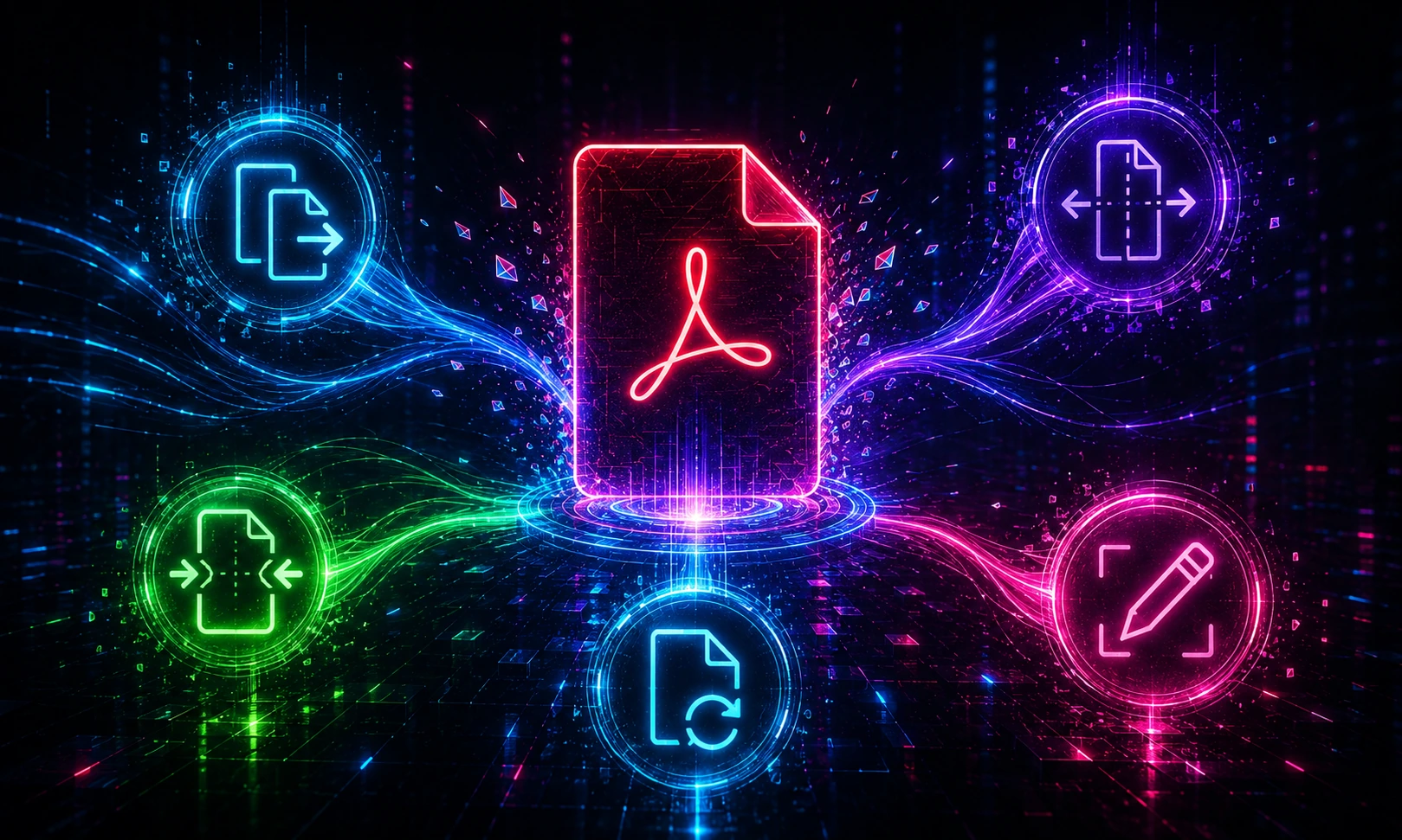 Abstract neon digital PDF tool hub with connected file icons