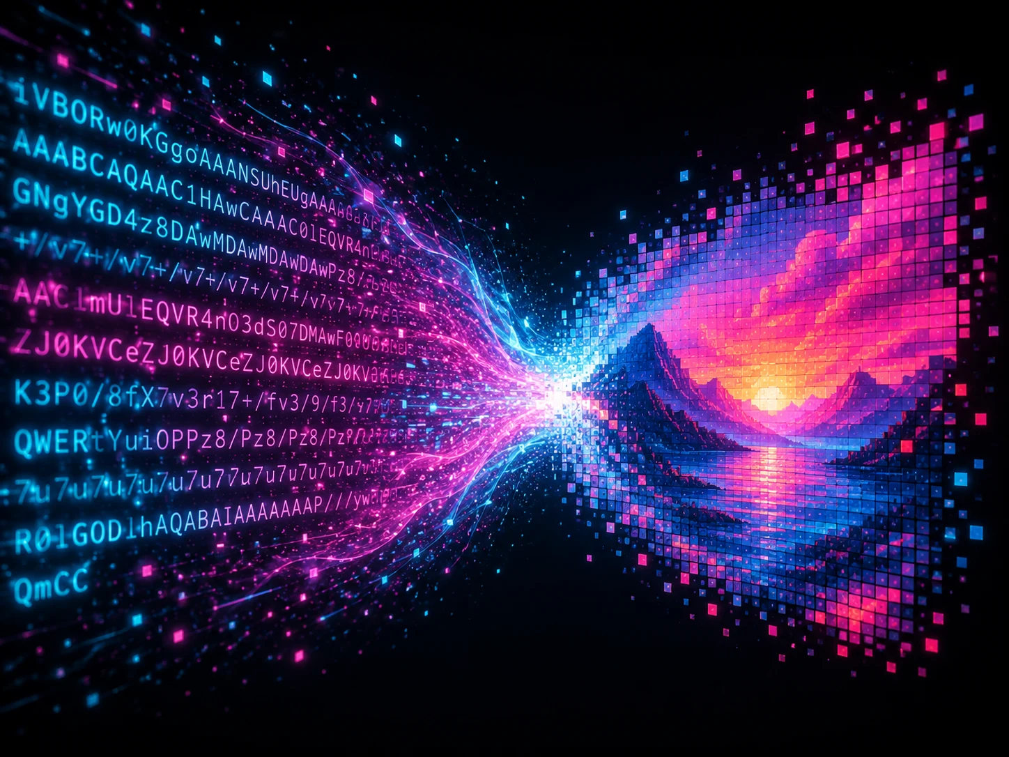 Abstract neon visualization of Base64 text transforming into an image
