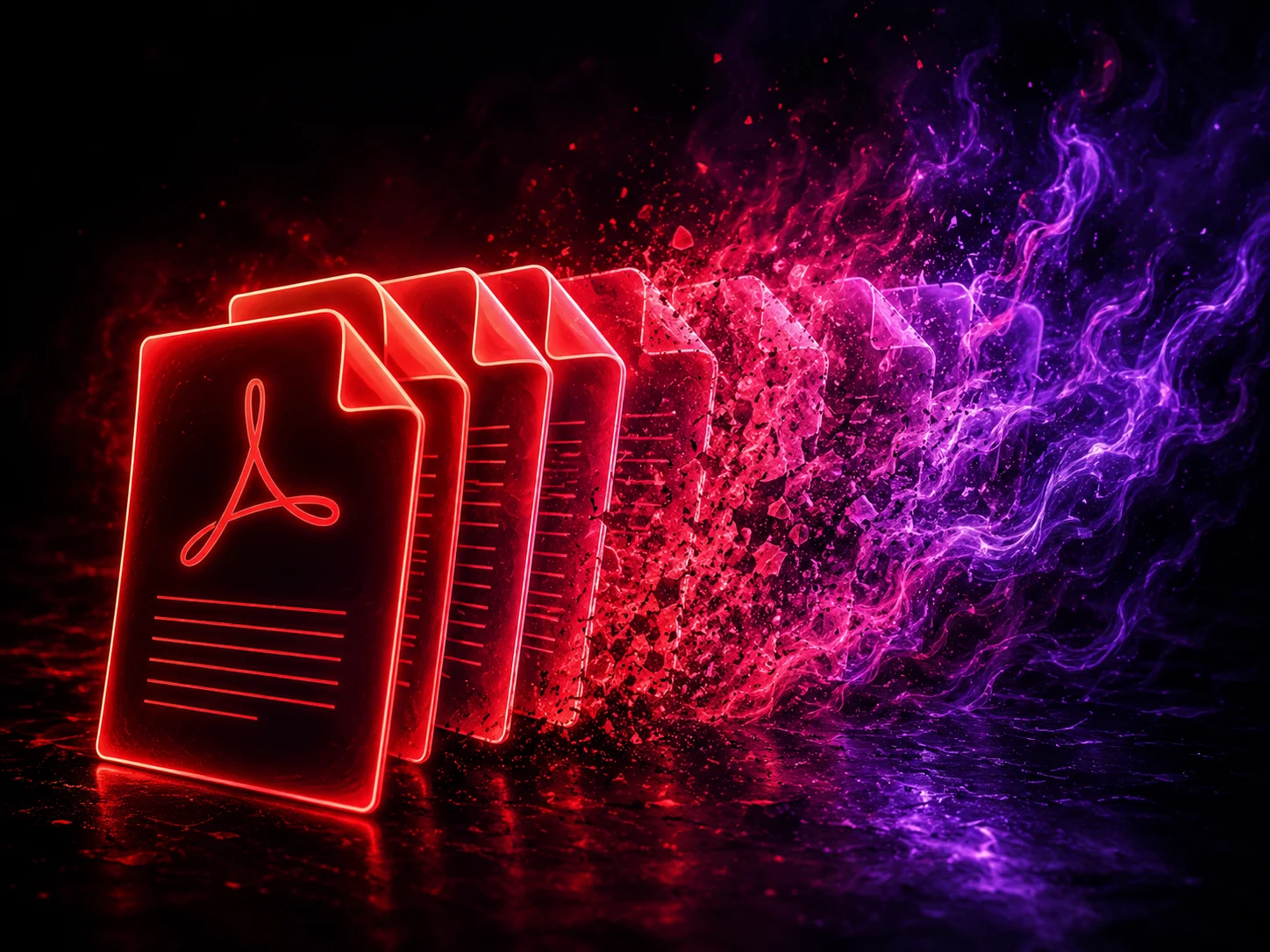 Abstract neon PDF deletion artwork with pages dissolving into smoke
