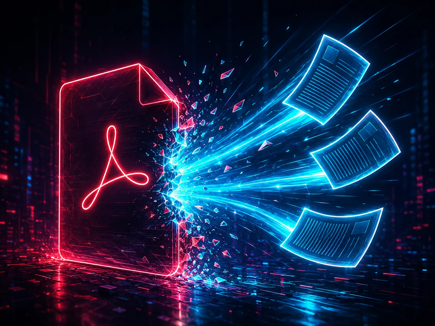 Abstract neon PDF extraction artwork with pages breaking free
