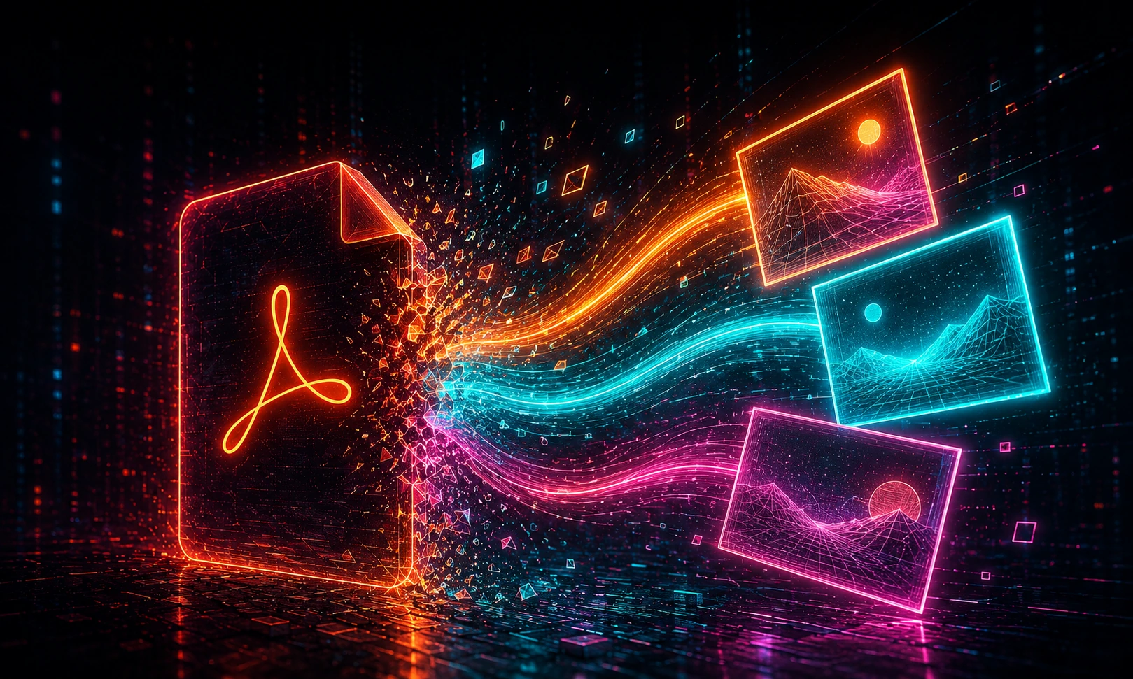 Abstract neon conversion of a PDF file into multiple JPG image frames