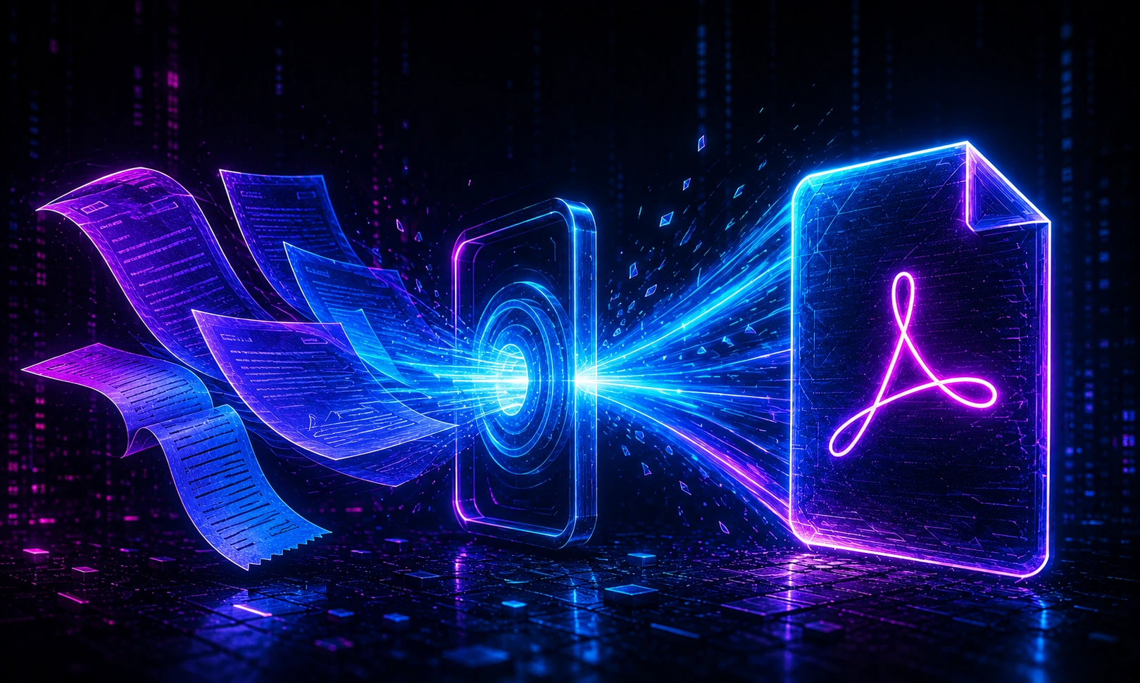 Abstract neon scanner beam converting paper pages into a PDF file
