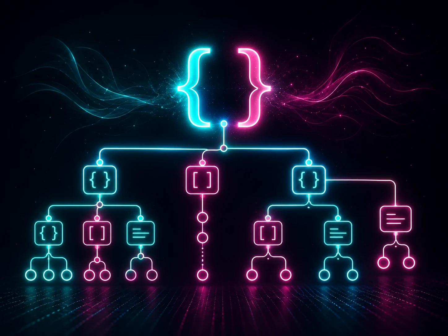 Abstract neon JSON formatting visualization with connected data nodes