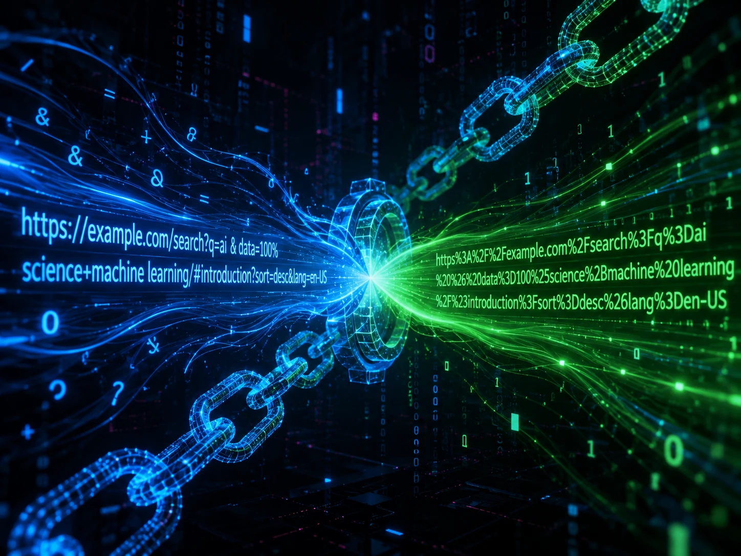 Abstract neon URL encoding and percent-encoding visualization