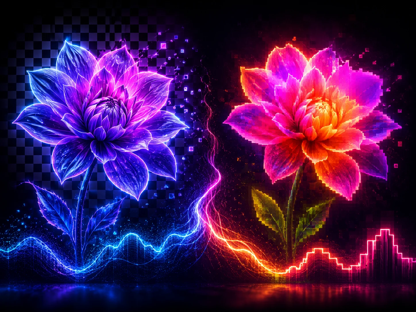 Abstract neon comparison of WebP and PNG image formats