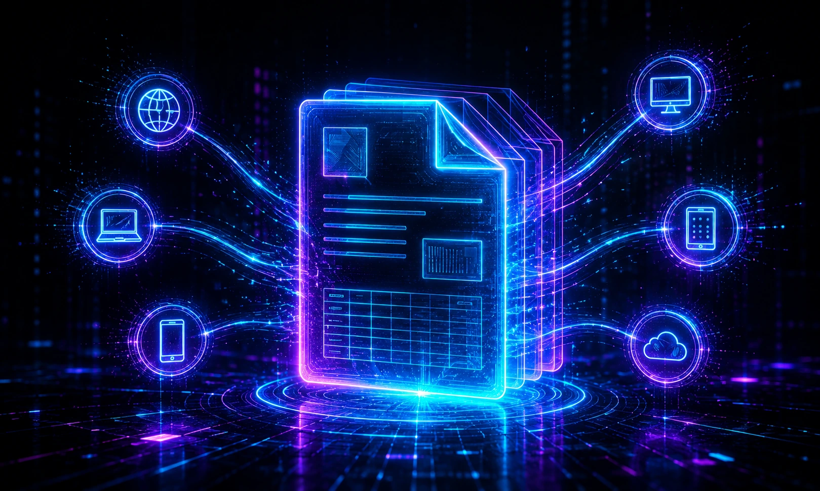 Abstract neon visualization of a portable document shared across devices